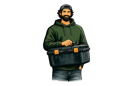 Illustrated portrait of Jeremy, The Handy Husband KC, holding his toolbox
